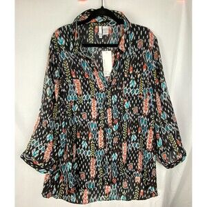 NWT Sami & Jo Blouse Womens 3X Multicolor Ikat Print Button Up Top Southwestern